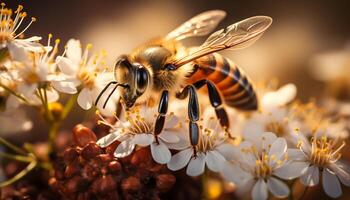 ai generado ocupado miel abeja polinizando un amarillo flor generado por ai foto