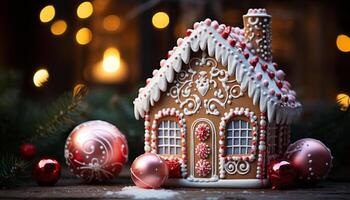 AI generated Gingerbread house decorated with candy, icing, and snow generated by AI photo