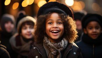 AI generated Smiling young adults in warm clothing outdoors generated by AI photo