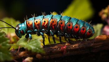 AI generated Close up of a small caterpillar on a green leaf generated by AI photo