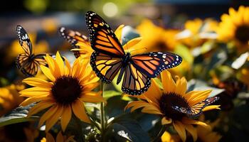 AI generated Vibrant colored butterfly on yellow sunflower in nature generated by AI photo