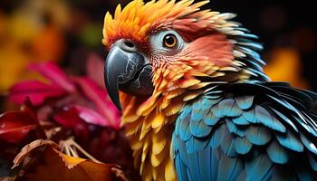 AI generated Vibrant colored macaw perched on tropical rainforest branch generated by AI photo