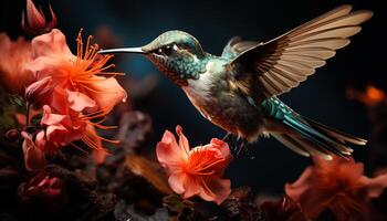 ai generado colibrí se cierne, se extiende alas, alimenta en vibrante flor generado por ai foto