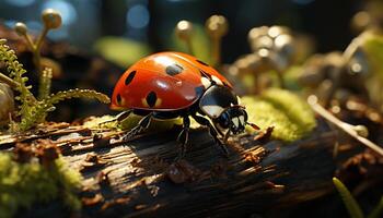 AI generated Spotted ladybug sitting on green leaf in nature generated by AI photo