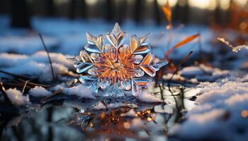 AI generated Winter leaf close up yellow snow on frozen branch generated by AI photo