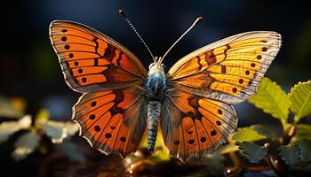 AI generated Multi colored butterfly in nature, vibrant colors spotted outdoors generated by AI photo