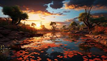 AI generated Sunset over the tranquil forest, reflecting in the pond generated by AI photo