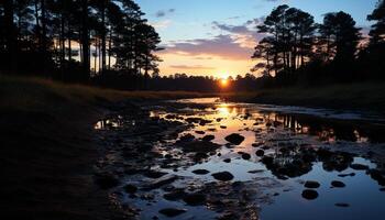 ai generado tranquilo escena puesta de sol refleja en agua, siluetas arboles generado por ai foto