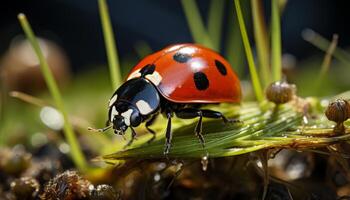 AI generated Ladybug on green leaf, beauty in nature generated by AI photo