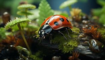 AI generated Ladybug crawling on green leaf in nature generated by AI photo