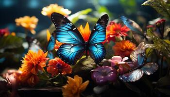 ai generado vibrante de colores mariposa bailes en medio de floreciente flores generado por ai foto