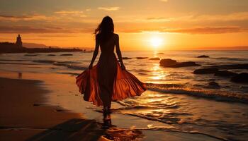 ai generado joven mujer en pie en agua, disfrutando puesta de sol generado por ai foto
