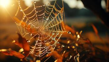 ai generado araña web brilla en Rocío en otoño hoja generado por ai foto