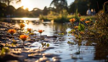 AI generated Sunset over a tranquil pond, reflecting nature beauty generated by AI photo