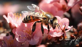 ai generado ocupado miel abeja polinizando un vibrante amarillo flor generado por ai foto