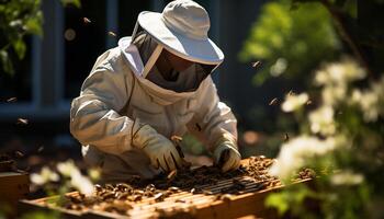 AI generated Beekeeper working outdoors, protecting bees in nature generated by AI photo
