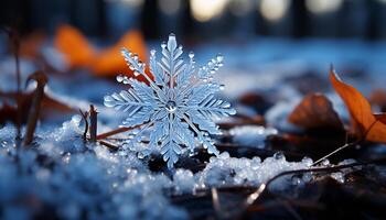 AI generated Winter beauty close up of frozen leaf generated by AI photo