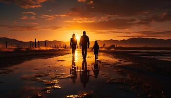 ai generado silueta de hombres y mujer disfrutando puesta de sol generado por ai foto