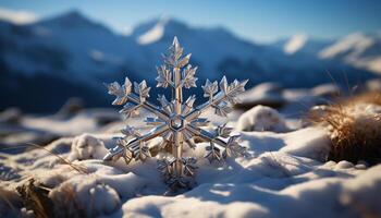 AI generated Winter mountain peak, snowflake decoration, tranquil snowy landscape generated by AI photo