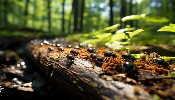 ai generado grupo de hormigas caminando en un verde hoja generado por ai foto