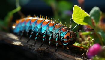 ai generado cerca arriba de un pequeño verde oruga en un hoja generado por ai foto