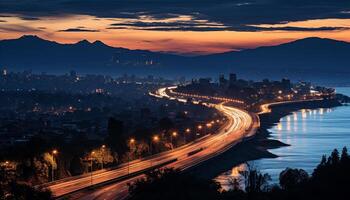 AI generated City skyline illuminated by sunset, cars blur generated by AI photo