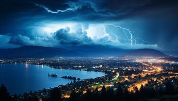 AI generated Dramatic sky illuminates city skyline in thunderstorm generated by AI photo