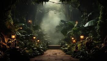 ai generado misterioso noche, oscuro bosque, iluminado linterna, escalofriante aventuras generado por ai foto