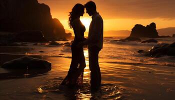 AI generated A couple embraces at sunset, love and happiness radiating generated by AI photo