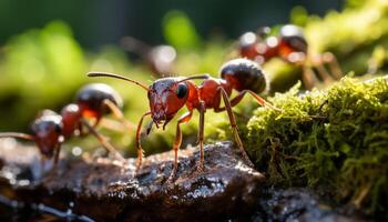 AI generated Ants working together on a green leaf generated by AI photo