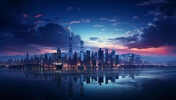 AI generated Futuristic skyline reflects on water, illuminating city generated by AI photo