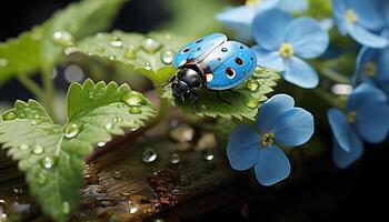 ai generado cerca arriba de un mariquita en un verde hoja generado por ai foto