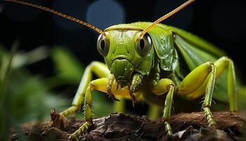 ai generado cerca arriba de un verde langosta en un hoja generado por ai foto