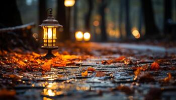 AI generated Autumn night, glowing lantern illuminates vibrant nature generated by AI photo