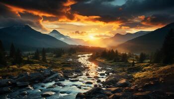 AI generated Majestic mountain peak reflects tranquil autumn sunset generated by AI photo