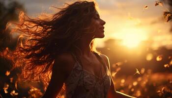 AI generated Young woman enjoying the sunset in nature generated by AI photo