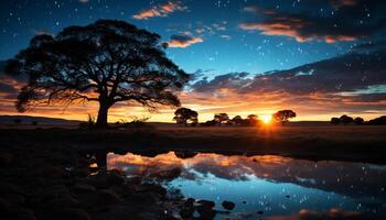 ai generado silueta de árbol en contra naranja cielo a oscuridad generado por ai foto