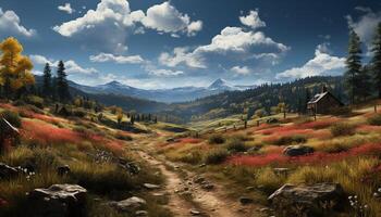 AI generated Majestic mountain peak in tranquil autumn meadow generated by AI photo