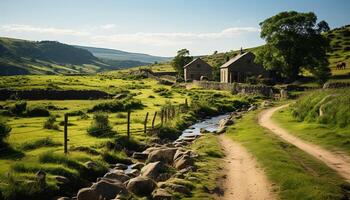 AI generated Tranquil scene of green meadow, mountain, and water generated by AI photo