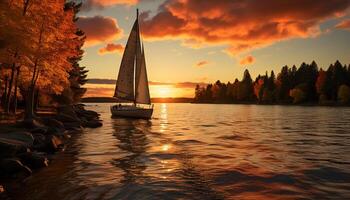 AI generated Sailboat glides on tranquil water under sunset sky generated by AI photo