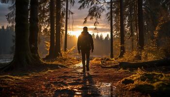 AI generated A solitary figure walks through the autumn forest generated by AI photo