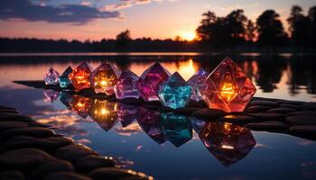 AI generated Vibrant sunset reflects on tranquil pond, illuminating nature generated by AI photo