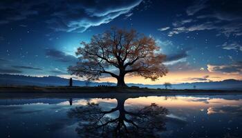 ai generado silueta de árbol refleja tranquilo puesta de sol en agua generado por ai foto