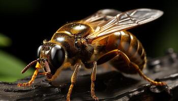 ai generado cerca arriba de un pequeño amarillo miel abeja generado por ai foto