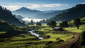 AI generated Mountain landscape with green meadow and forest generated by AI photo