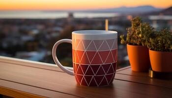 AI generated Coffee cup on wooden window sill at sunset generated by AI photo