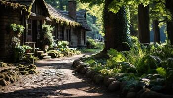 AI generated Tranquil scene of a rustic cottage in nature generated by AI photo