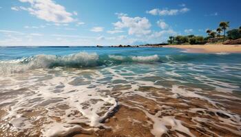 ai generado idílico tropical línea costera, olas estrellarse en arenoso playa generado por ai foto
