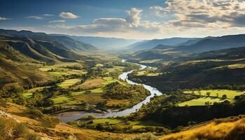 AI generated Majestic mountain range reflects beauty in tranquil meadow generated by AI photo