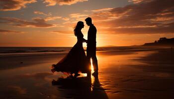 AI generated Sunset wedding, bride and groom embrace in nature generated by AI photo